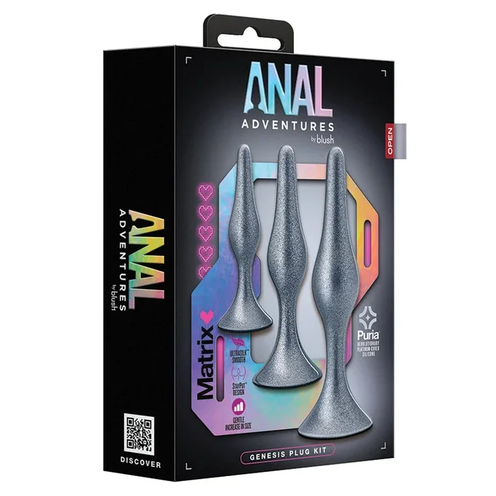 Anal Adventures Matrix The Genesis Plug Kit: 3 Progressing Smooth Tapered Butt Plug Kit in Stellar Silver With Stayput Technology & AnchorTech Base