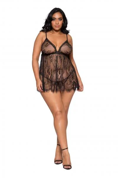 Black – Eyelash Lace Babydoll with Panty – Size