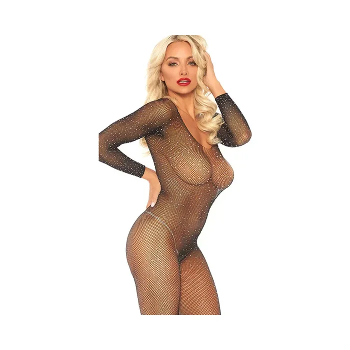 Crystalized Seamless Fishnet Long Sleeved Bodystocking. Black O/s