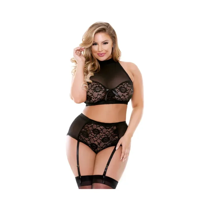 Curve Katia Two Piece Halter Bra Top With Matching Gartered Panty Black 3x/4x