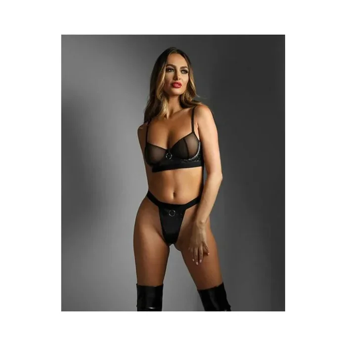 Edge Quilted Wetlook And Mesh Underwire Bra W/ Crotchless Panty – Black S/m