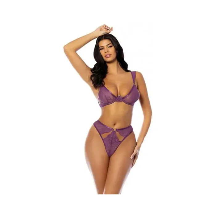 Evrice Lace And Mesh Underwire Bra W/thong – Purple S/m