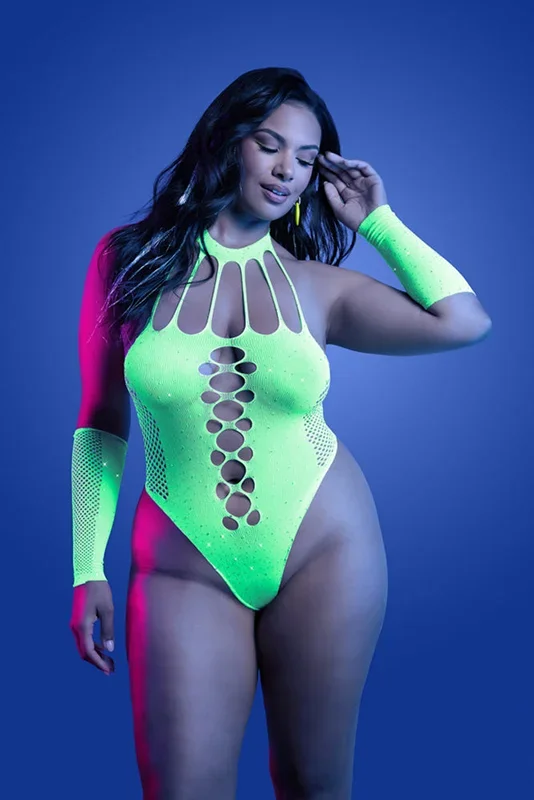 Fantasy Lingerie – Glow – Pressure Point Rhinestone Teddy & Arm Warmers – Plus Size