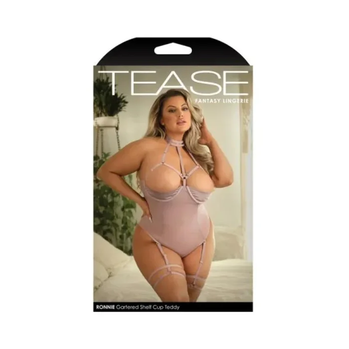 Fantasy Lingerie Tease Ronnie Caged Shelf Cup Teddy With Snap Closure & Leg Garters Pale Mauve 3xl/4