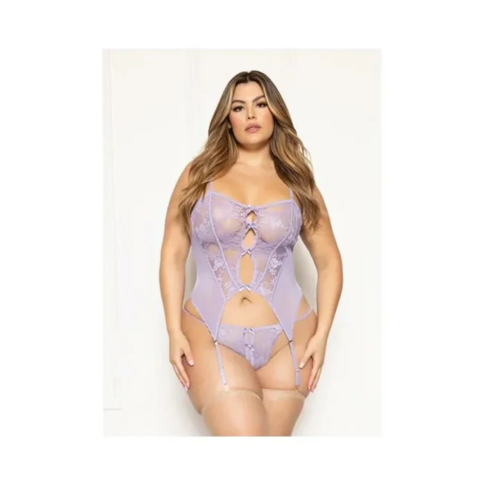 Floral Lace And Mesh Cami W/attached Garters & Thong – Lavender Qn
