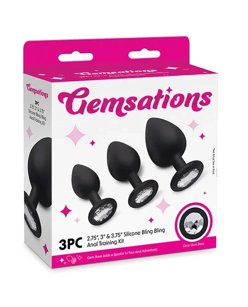 Gemsations 3 pc 2.75″ & 3.15″ & 3.7″ Silicone Bling Bling Butt Plug Training Set – Black