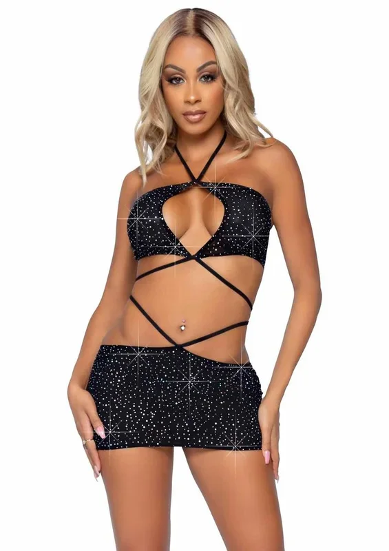 Leg Avenue Rhinestone Keyhole Bandeau Top and Low Rise Skirt with Waist Strap Detail