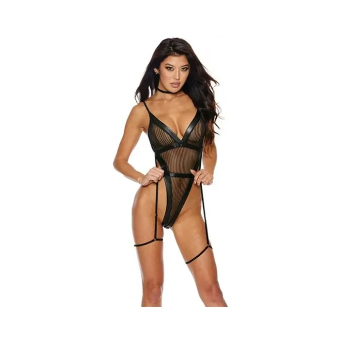 Mesh & Stretch Faux Leather Teddy W/garters – Black Lg
