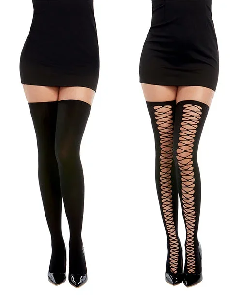 Opaque Knitted Thigh High Stockings w/Criss Cross Detail (can be worn two ways) Black O/S