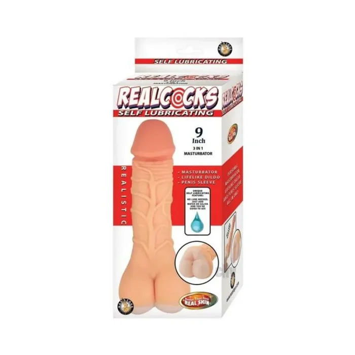 Realcocks Self Lubricating 9 In. 3-in-1 Masturbator Beige