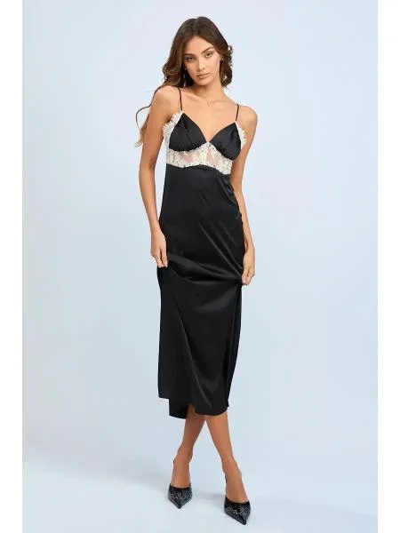 Solid Color Satin Sleeveless Lace Trim Midi Dress – Black –