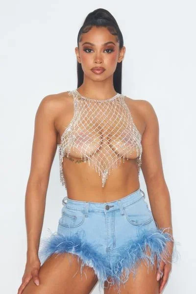 Speechless Rhinestone Jewel Halter Bra Crop Top – Silver –