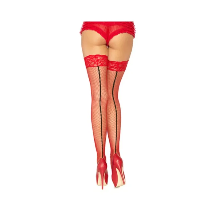 Stay Up Lace Top Back Seam Fishnet Thigh Highs Red Black O/S