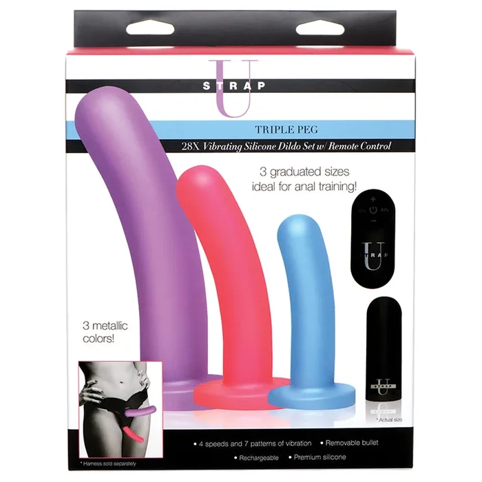Strap U Triple Peg 28X Vibrating Silicone Dildo Set with Remote