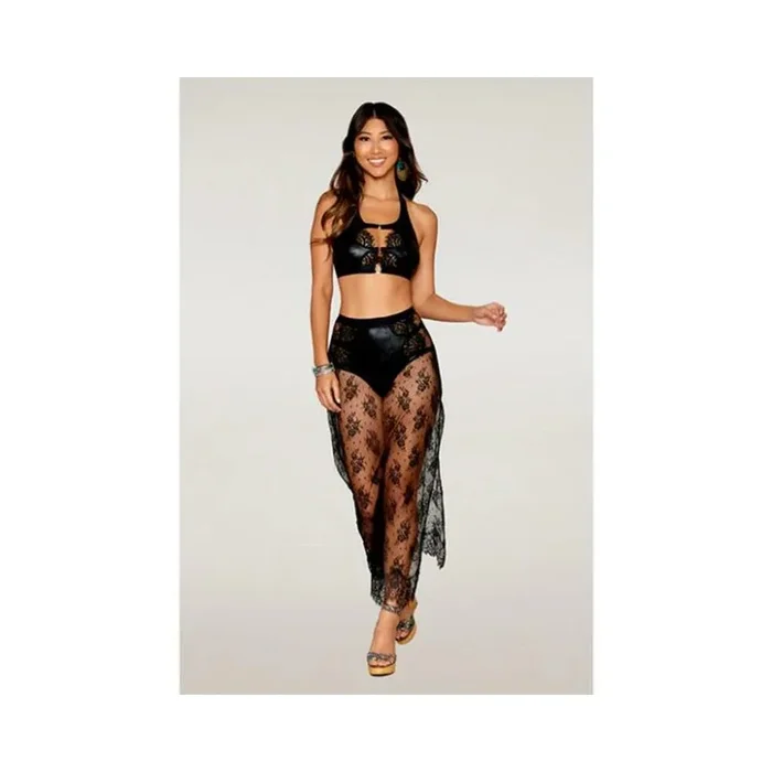 Stretch Faux Leather And Eyelash Lace Bralette W/high-waisted Panty – Black Xl